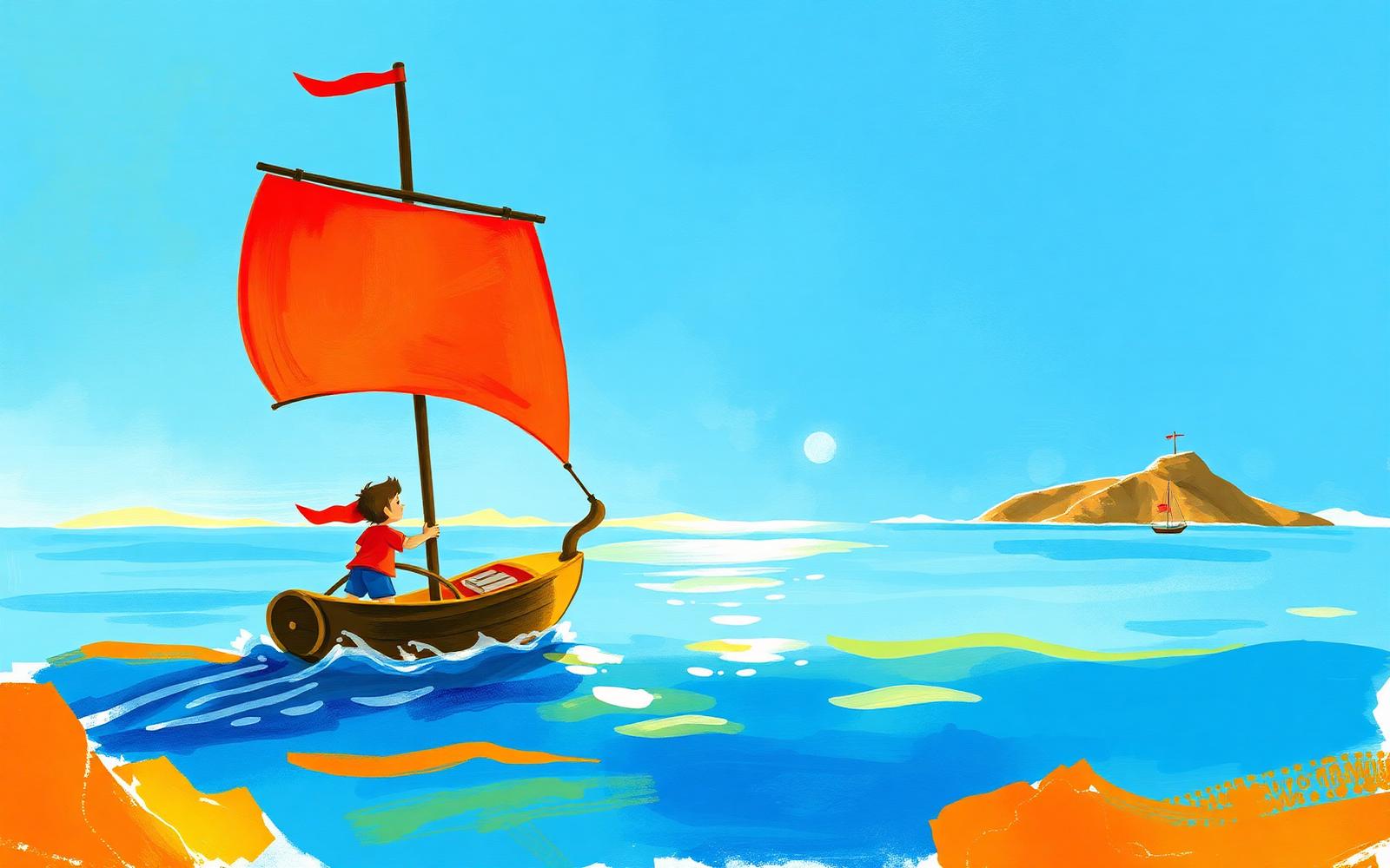 Ulisse bambino naviga con una vela rossa verso un'isola